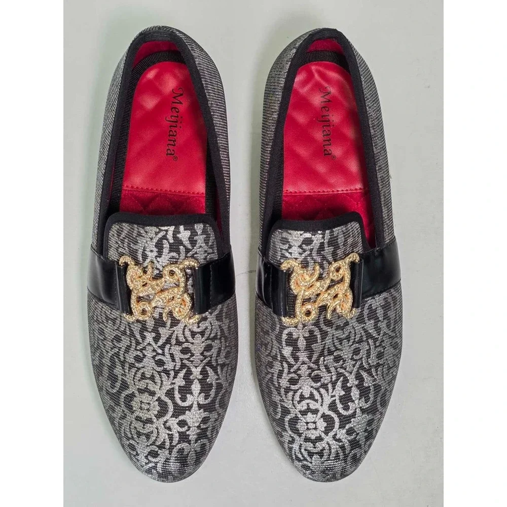 Meijiana Men's Loafers Size 8 Silver Black Gold Snake Slip On Dress Shoes‎